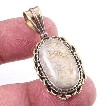 Natural Crazy Lace Agate Gemstone 925 Solid Silver Two Tone Pendant 1.50 R4i76