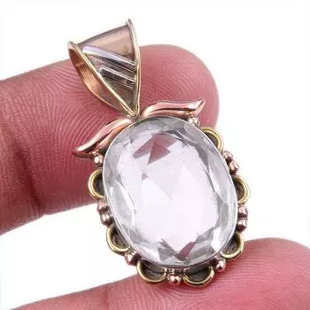 Natural Crystal Quartz 925 Solid Sterling Silver Gift TwoTone Pendant 1.25 C8T82