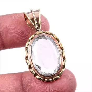 Natural Crystal Quartz 925 Solid Sterling Silver Gift TwoTone Pendant 1.5 n5j90