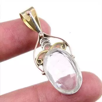 Natural Crystal Quartz 925 Solid Sterling Silver Gift TwoTone Pendant 1.75 V8I44