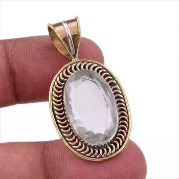 Natural Crystal Quartz 925 Solid Sterling Silver Gift TwoTone Pendant 1.50 Q8U51