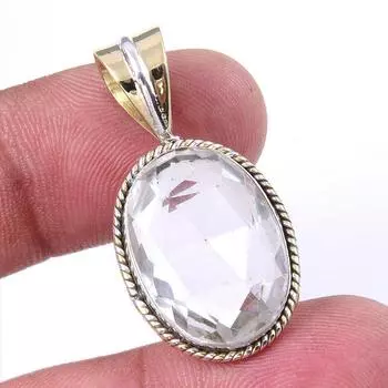 Natural Crystal Quartz 925 Solid Sterling Silver Gift TwoTone Pendant 1.25 r2v93