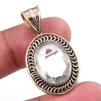 Natural Crystal Quartz 925 Solid Sterling Silver Gift TwoTone Pendant 1.50 Q0q52