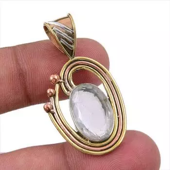 Natural Crystal Quartz 925 Solid Sterling Silver Gift TwoTone Pendant 1.75 w9J17