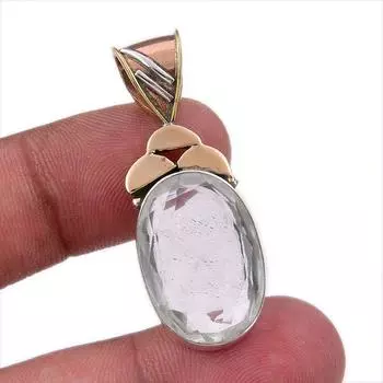 Natural Crystal Quartz 925 Solid Sterling Silver Gift TwoTone Pendant 1.50 H0W16