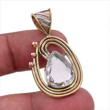 Natural Crystal Quartz 925 Solid Sterling Silver Gift TwoTone Pendant 1.50 r8Z68