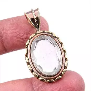 Natural Crystal Quartz 925 Solid Sterling Silver Gift TwoTone Pendant 1.5 j2K17