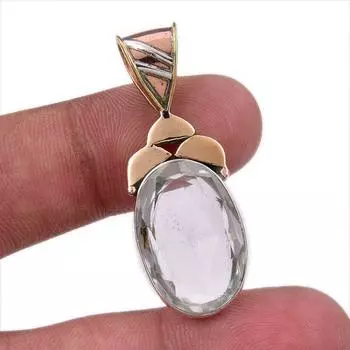 Natural Crystal Quartz 925 Solid Sterling Silver Gift TwoTone Pendant 1.75 F3A86