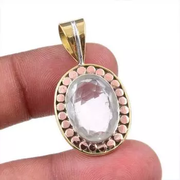 Natural Crystal Quartz 925 Solid Sterling Silver Gift TwoTone Pendant 1.50 V8N10