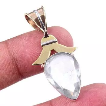 Natural Crystal Quartz 925 Solid Sterling Silver Gift TwoTone Pendant 1.75 J6W34