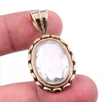 Natural Crystal Quartz 925 Solid Sterling Silver Gift TwoTone Pendant 1.5 s4E02
