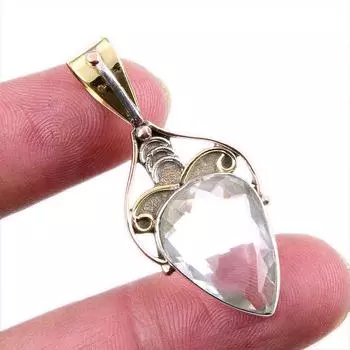 Natural Crystal Quartz 925 Solid Sterling Silver Gift TwoTone Pendant 1.5 r9U55