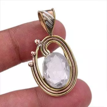 Natural Crystal Quartz 925 Solid Sterling Silver Gift TwoTone Pendant 1.50 f5u12
