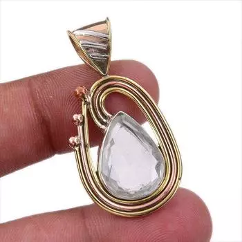 Natural Crystal Quartz 925 Solid Sterling Silver Gift TwoTone Pendant 1.75 T8a78