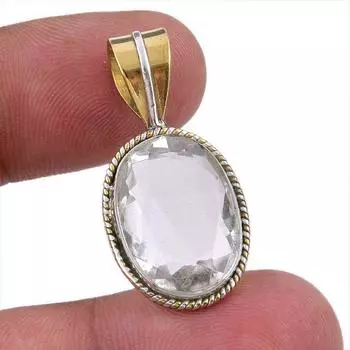 Natural Crystal Quartz 925 Solid Sterling Silver Gift TwoTone Pendant 1.50 V2a84