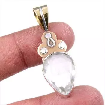 Natural Crystal Quartz 925 Solid Sterling Silver Gift TwoTone Pendant 1.75 v4u61