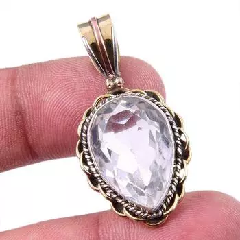 Natural Crystal Quartz Gemstone 925 Solid Silver Two Tone Pendant 1.50 d8f91
