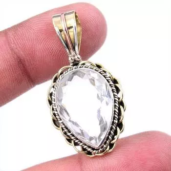 Natural Crystal Quartz Gemstone 925 Solid Silver Two Tone Pendant 1.50 A1a96