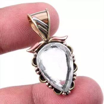 Natural Crystal Quartz Gemstone 925 Solid Silver Two Tone Pendant 1.25 W6Q95
