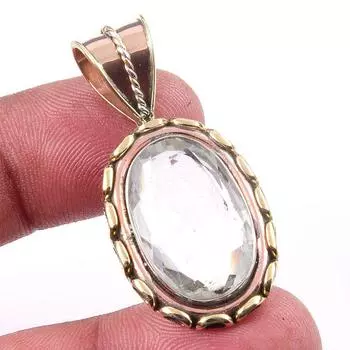 Natural Crystal Quartz Gemstone 925 Solid Silver Two Tone Pendant 1.50 T0R68