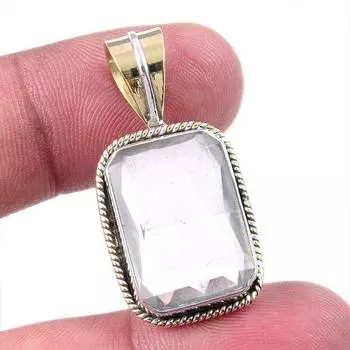Natural Crystal Quartz Gemstone 925 Solid Silver Two Tone Pendant 1.25 h6b25