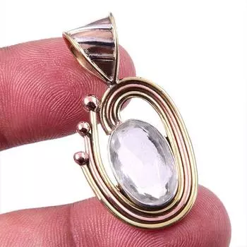 Natural Crystal Quartz Gemstone 925 Solid Silver Two Tone Pendant 1.50 w2u86