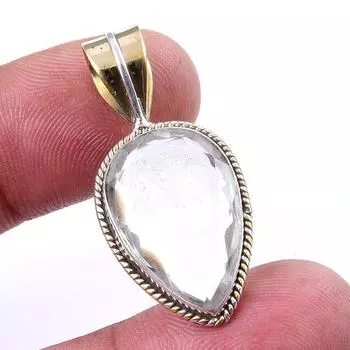 Natural Crystal Quartz Gemstone 925 Solid Silver Two Tone Pendant 1.50 t2d98