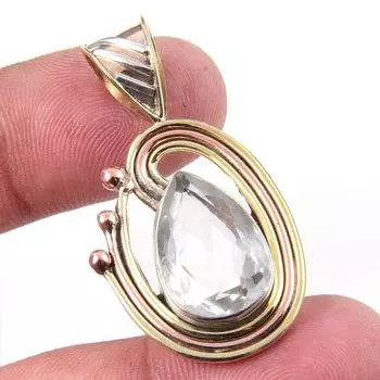 Natural Crystal Quartz Gemstone 925 Solid Silver Two Tone Pendant 1.50 U3W07