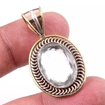 Natural Crystal Quartz Gemstone 925 Solid Silver Two Tone Pendant 1.25 z6e54