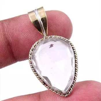Natural Crystal Quartz Gemstone 925 Solid Silver Two Tone Pendant 1.25 a6h21