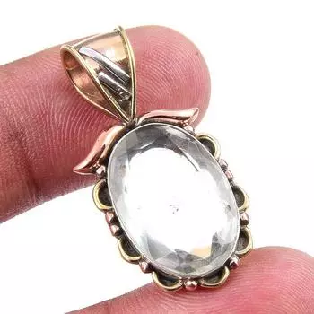 Natural Crystal Quartz Gemstone 925 Solid Silver Two Tone Pendant 1.25 j3I98