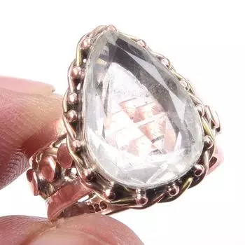 Natural Crystal Quartz Gemstone 925 Sterling Silver Two Tone Ring Size 7 H8L05