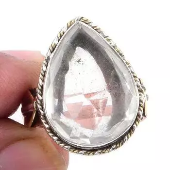 Natural Crystal Quartz Gemstone 925 Sterling Silver Two Tone Ring Size 8 D9u45