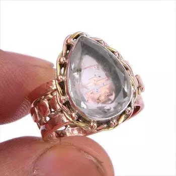 Natural Crystal Quartz Gemstone Two Tone 925 Sterling Silver Ring Size 6.5 G3I54