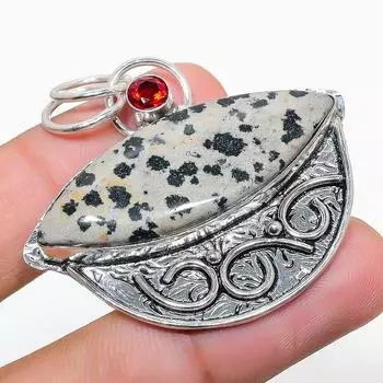 Natural Dalmation Jasper, Garnet Gemstone 925 Sterling Silver Pendant 1.81 r8A26