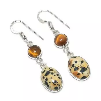 Natural Dalmation Jasper, Tiger Eye 925 Sterling Silver Earring 1.89 W5Z54