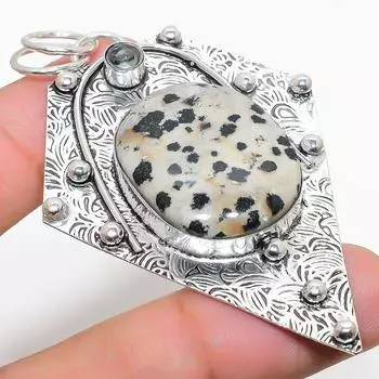 Natural Dalmation Jasper, White Topaz 925 Sterling Silver Pendant 2.92 w3a04