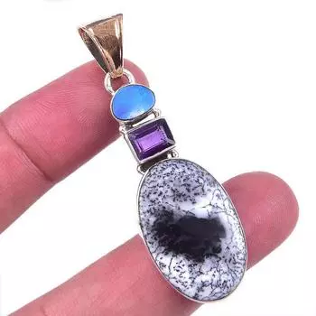 Natural Dendrite Opal,African Amethyst Gemstone 925 Solid Silver Pendant 2 t9o14