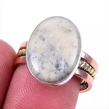 Natural Dendrite Opal Gemstone 925 Solid Silver Jewelry Two Tone Ring S.8US k4a45