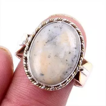 Natural Dendrite Opal Gemstone 925 Solid Silver TwoTone Gift Ring S.10US L6r58