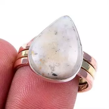 Natural Dendrite Opal Gemstone 925 Solid Silver Jewelry Two Tone Ring S.9US K5G94