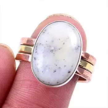 Natural Dendrite Opal Gemstone 925 Solid Silver Jewelry Two Tone Ring S.9US C7Z33