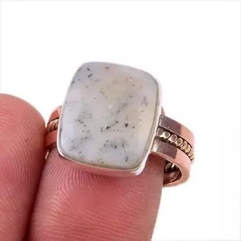 Natural Dendrite Opal Gemstone 925 Solid Sterling Silver TwoTone Ring S.8.5 R4F56
