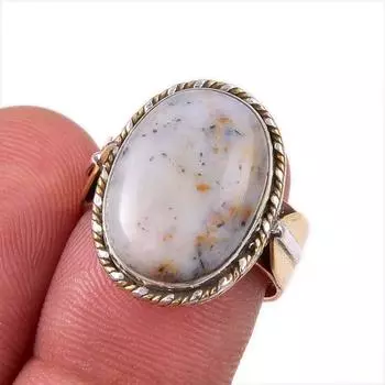 Natural Dendrite Opal Gemstone 925 Solid Sterling Silver Two Tone Ring S.7 H3n94