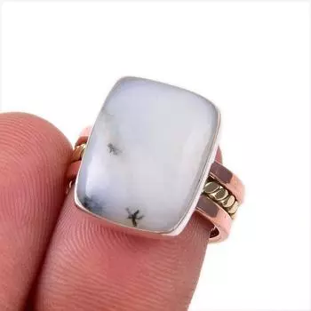 Natural Dendrite Opal Gemstone 925 Solid Sterling Silver Two Tone Ring S.6 y6c38