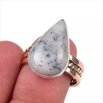 Natural Dendrite Opal Gemstone 925 Solid Sterling Silver TwoTone Ring S.7.5 o0k98