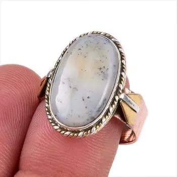 Natural Dendrite Opal Gemstone 925 Solid Sterling Silver TwoTone Ring S.8.5 y5f41