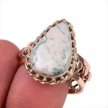 Natural Dendrite Opal Gemstone 925 Solid Sterling Silver Two Tone Ring S.10 l9f06