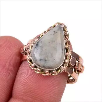 Natural Dendrite Opal Gemstone 925 Solid Sterling Silver TwoTone Ring S.8.5 S5n19