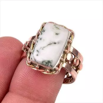 Natural Dendrite Opal Gemstone 925 Solid Sterling Silver Two Tone Ring S.9 b9A97